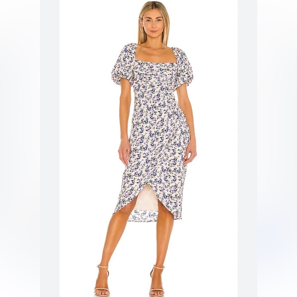 Astr The Label Floral Rouched Square Neck Bubble Sleeve Midi Dress Size M